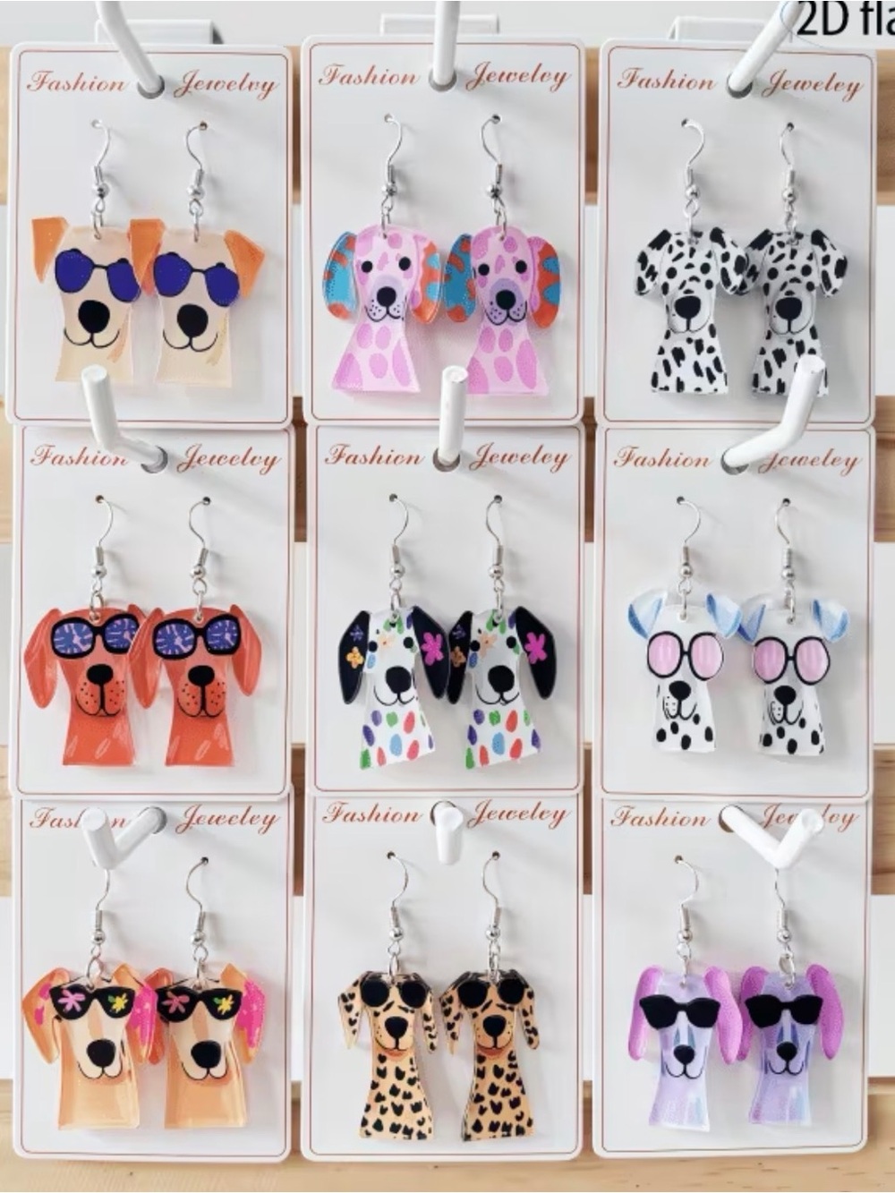 Cute Acrylic Dog Face Dangle Earrings - Pink and Multi Color Options- Summer